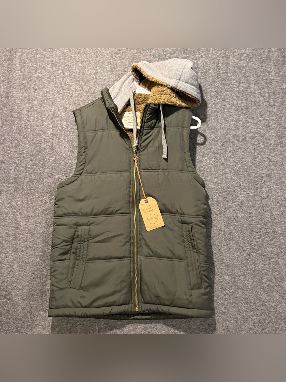 Weatherproof Vintage Puffer Vest Mens S Olive Green Sherpa Lined Warm Soft Hood